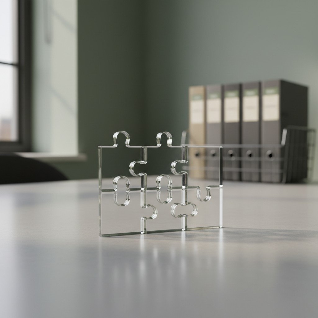 A glass or clear lucite puzzle with two pieces present sits on a surface in a room. Items in background including, similar...