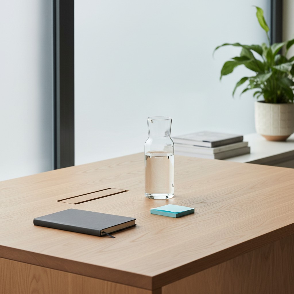 A workspace with a glass carafe of water, a notebook, and a small notepad on a wooden desk. In the background, a plant in ...