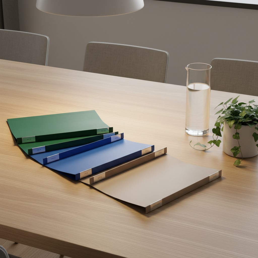 Five styled samples of colored materials, possibly for interior design or architecture, arranged on a light brown table.